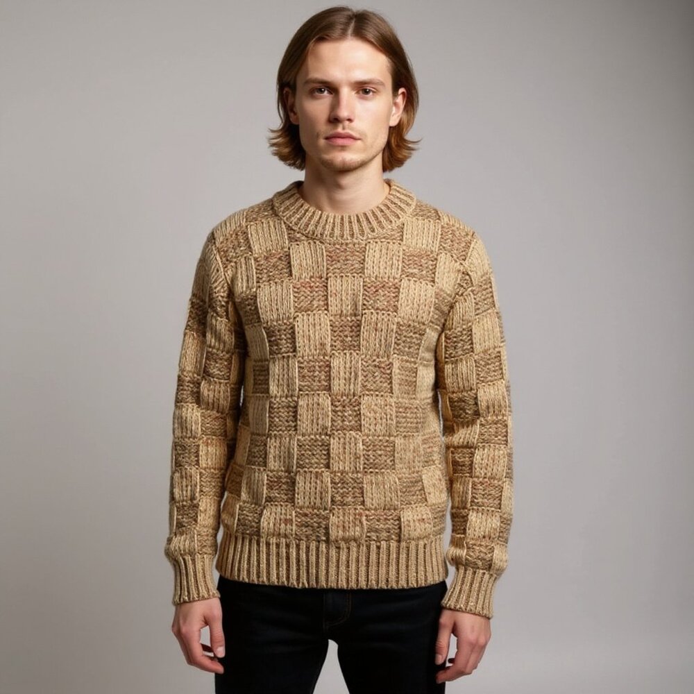 Vintage Puritan Mens Brown Basketweave Check 90s Grunge Grandpa Sweater Small
